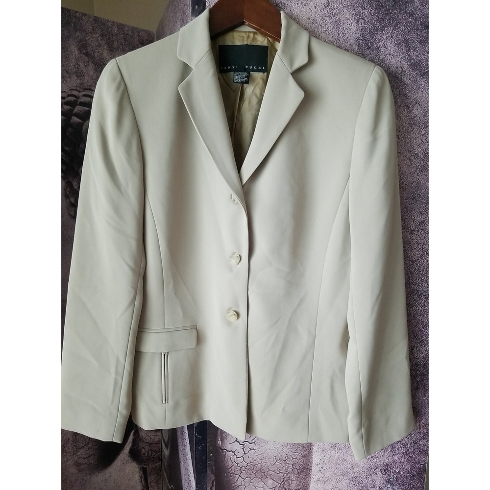 YANSI FUGEL Womens 3 Button Blazer Jacket Size 4 Beige Long Sleeve Zip Pocket
